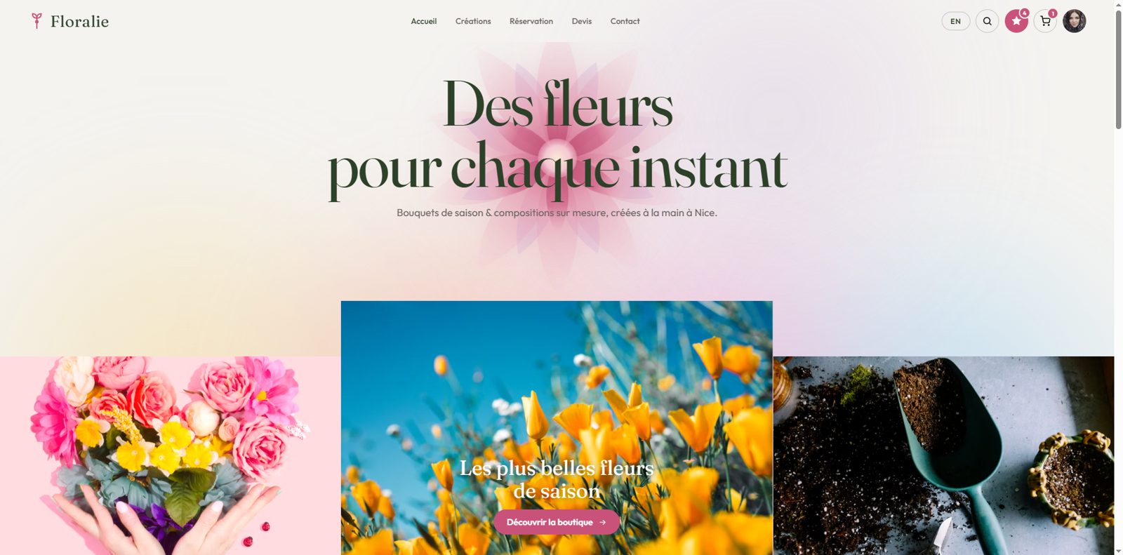 Capture d'écran du site e-commerce Floralie, fleuriste, réalisé par MOSA Studio