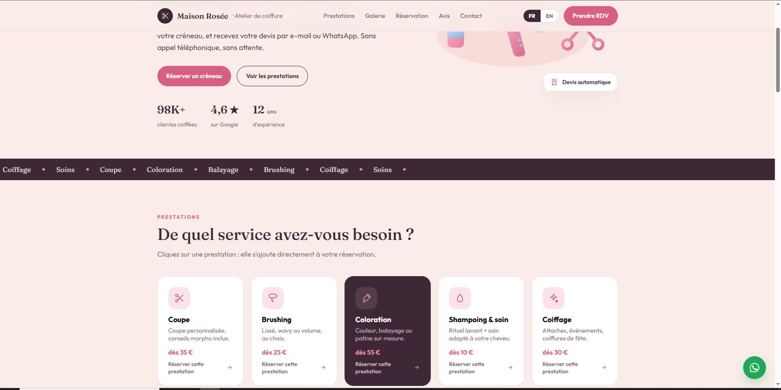 Capture d'écran du site Maison Rosée, salon de coiffure, réalisé par MOSA Studio